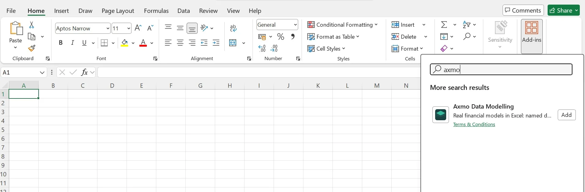 The Excel Home ribbon on an empty workbook with the Add-ins button lit at its right, and the Add-ins pane open beneath it — the word axmo typed into the search box, and under More search results a single result: Axmo Data Modelling, its description beginning “Real financial models in Excel: named d…”, a Terms & Conditions link, and an Add button.