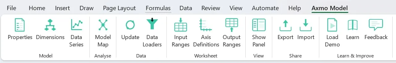 The Axmo Model tab in Excel, showing seven groups of buttons: Model, Analyse, Data, Worksheet, View, Share and Learn & Improve.