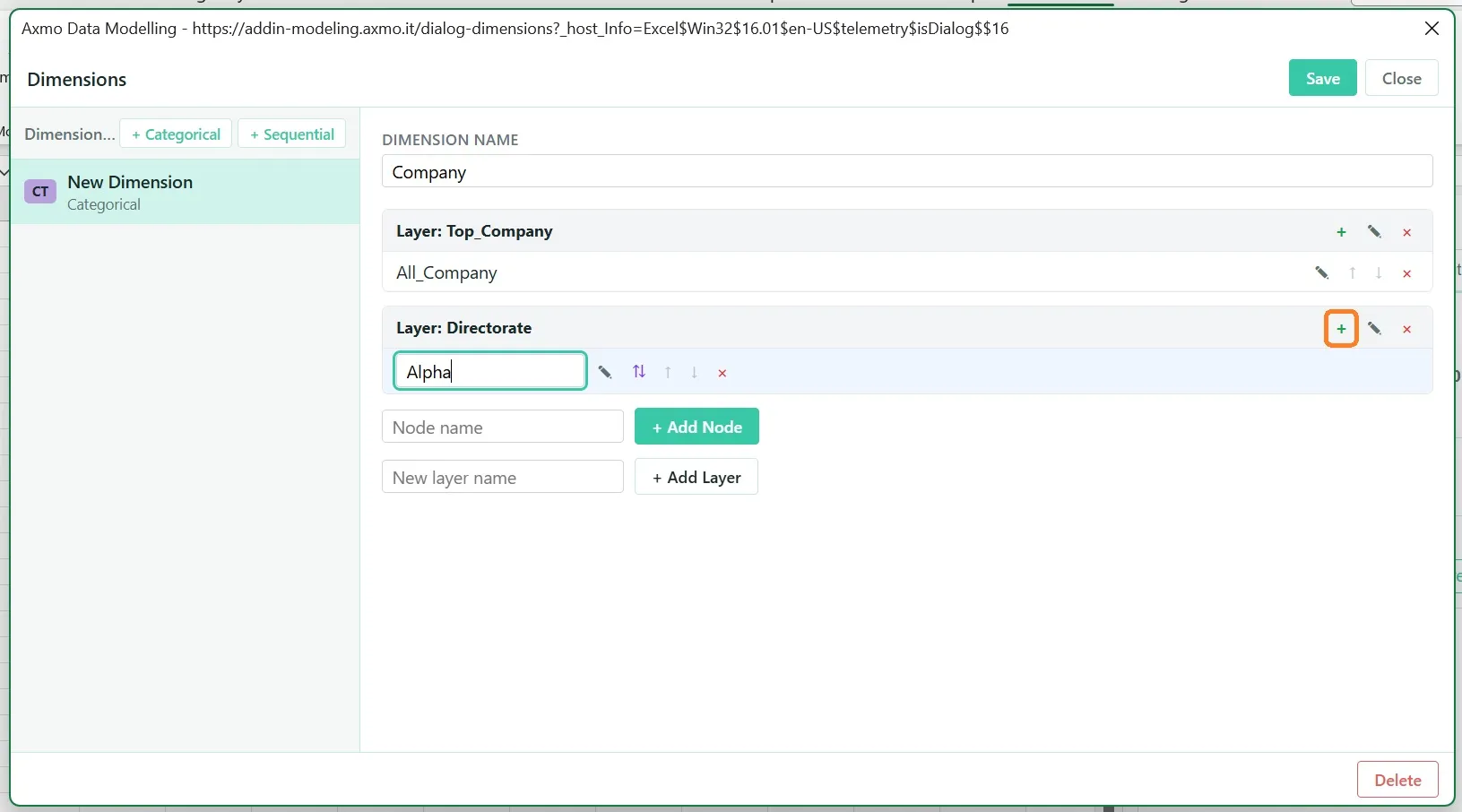 The Dimensions dialog with two layers: Layer: Top_Company holding All_Company, and Layer: Directorate below it, where the name Alpha is being typed into an element field. The green + on the Directorate layer’s own row is ringed, and empty Node name and New layer name fields sit underneath with their + Add Node and + Add Layer buttons.