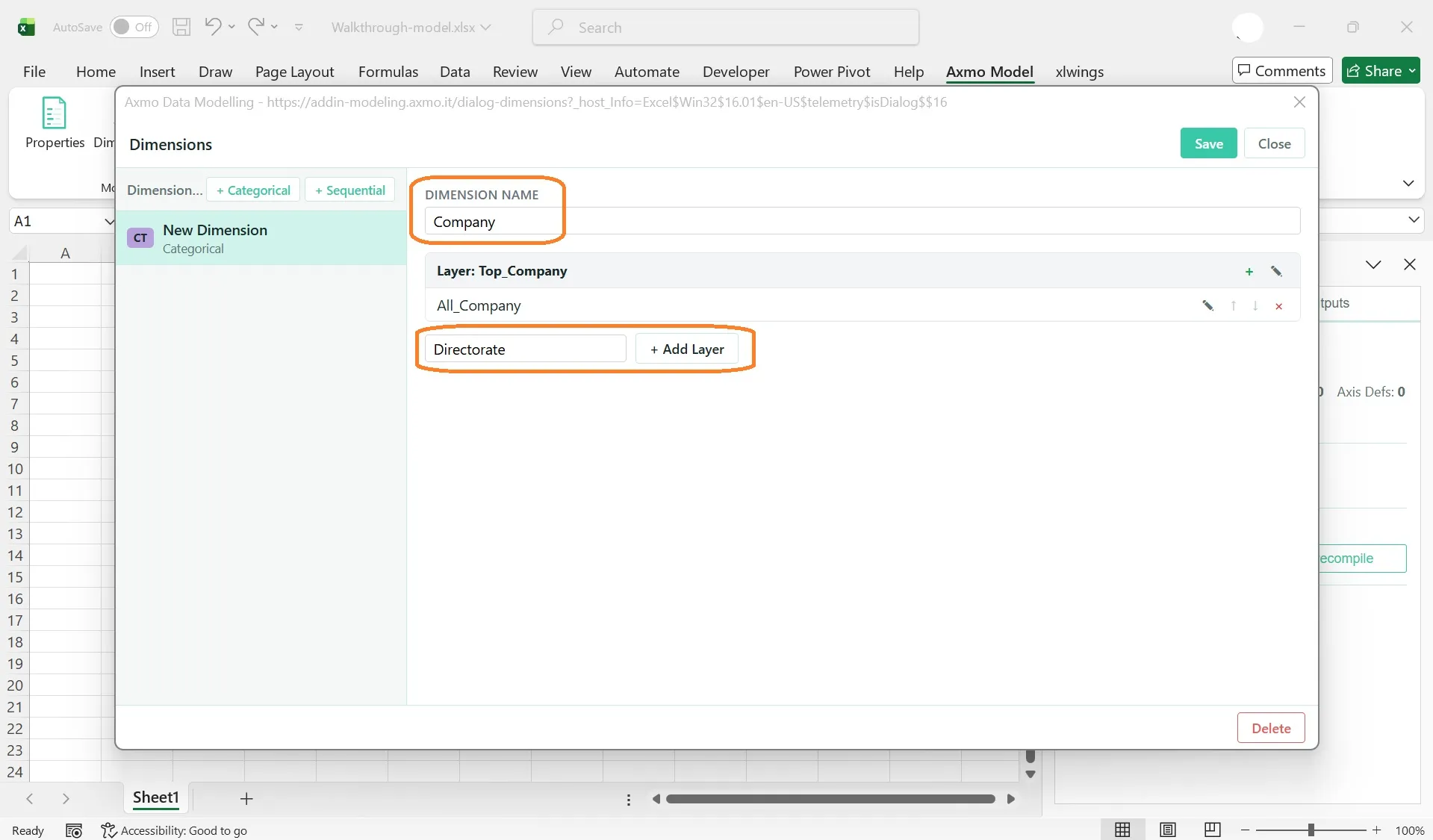 The Dimensions dialog with DIMENSION NAME set to Company and one layer present, Layer: Top_Company holding the element All_Company. Below it the word Directorate has been typed into the new-layer field beside the + Add Layer button, and both the name field and that pair are ringed.