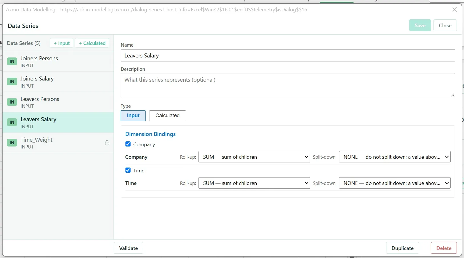 The Data Series dialog with five series listed — Joiners Persons, Joiners Salary, Leavers Persons, Leavers Salary and a locked Time_Weight, all INPUT — and Leavers Salary open on the right. Its Type is Input and under Dimension Bindings both Company and Time are ticked, each with Roll-up “SUM — sum of children” and Split-down NONE.