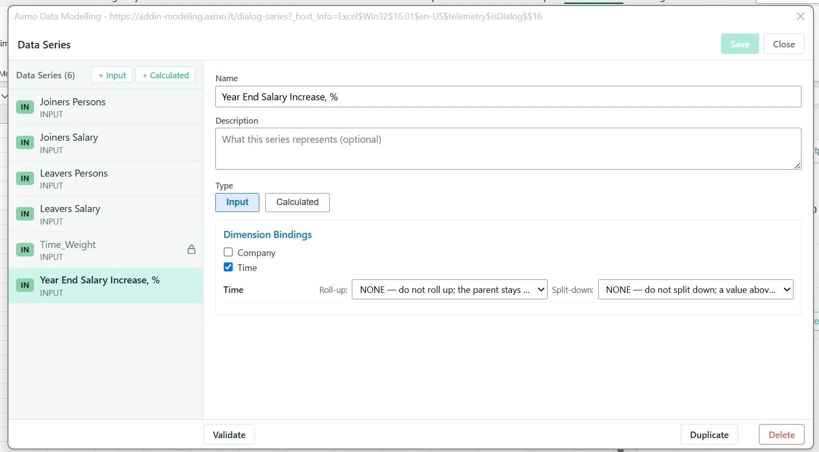 The Data Series dialog with six series listed and Year End Salary Increase, % open on the right as an Input. Under Dimension Bindings the Company box is unticked and Time is ticked, and Time’s Roll-up reads “NONE — do not roll up; the parent stays …” with Split-down NONE.