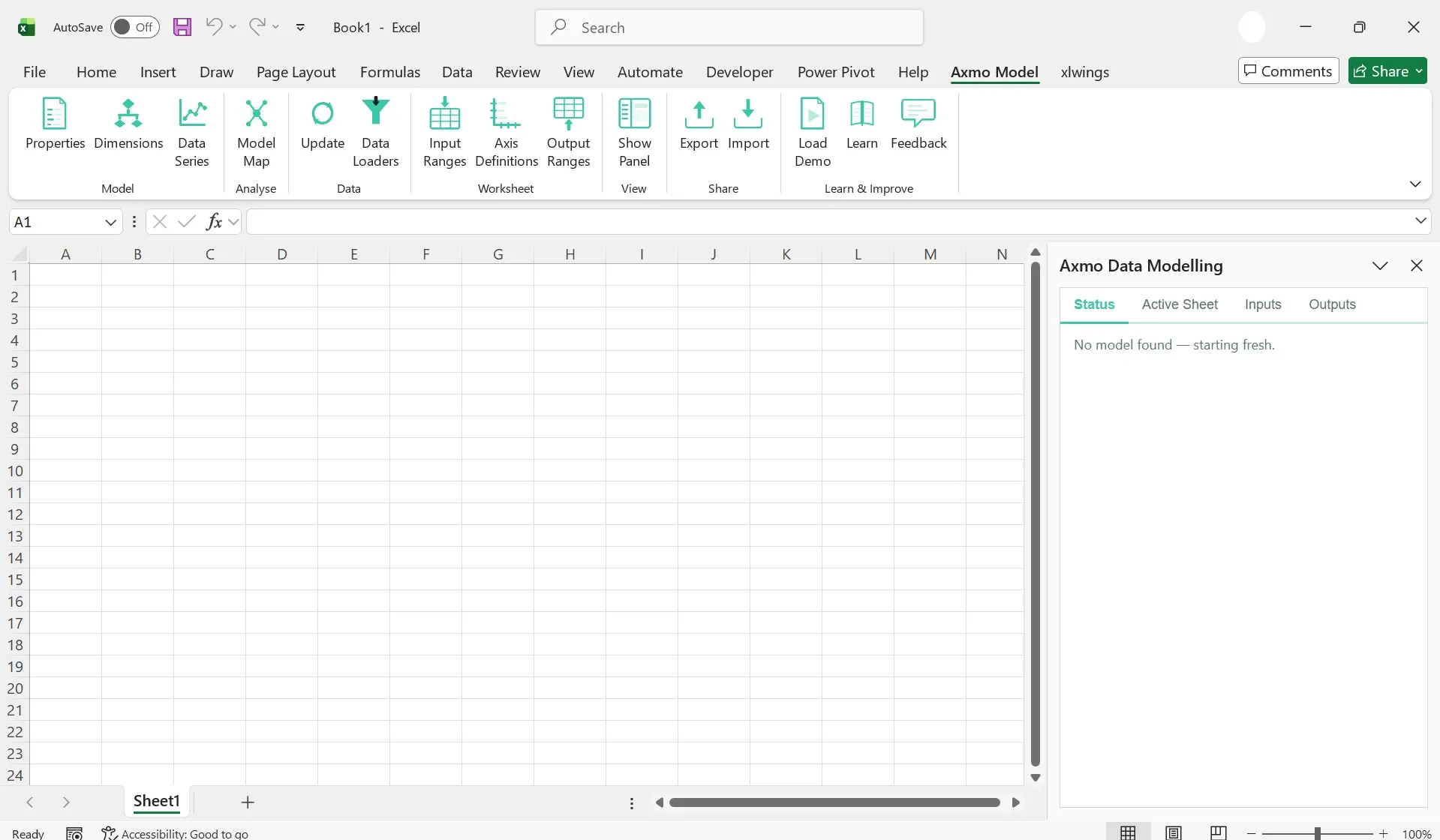 The Axmo Model tab open on the Excel ribbon of an empty Book1, showing seven groups of buttons — Model, Analyse, Data, Worksheet, View, Share and Learn & Improve — with the Axmo Data Modelling pane docked on the right on its Status tab, reading “No model found — starting fresh”.