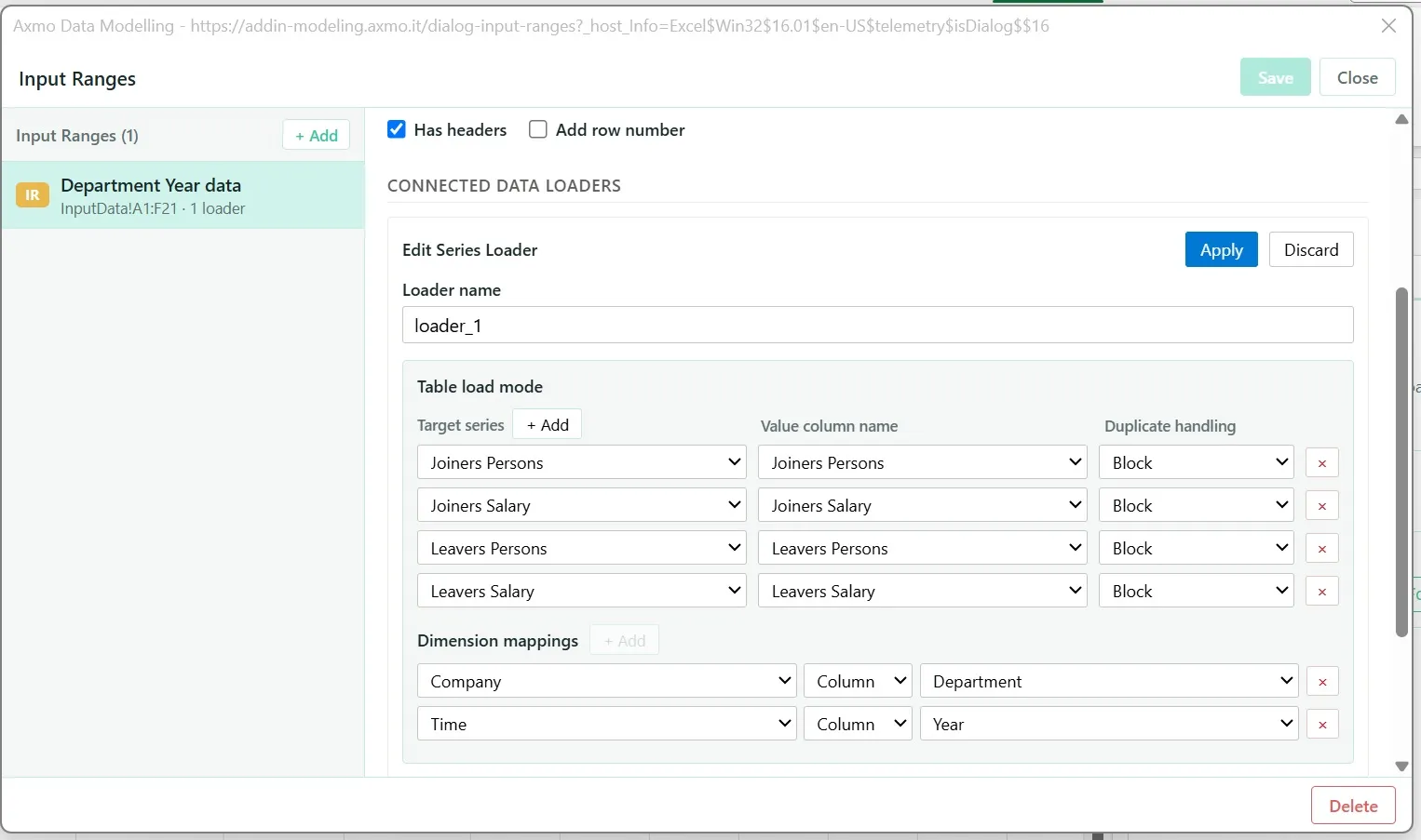 The Input Ranges dialog with one range, Department Year data at InputData!A1:F21, Has headers ticked and Add row number unticked. Its series loader, loader_1, lists four target series — Joiners Persons, Joiners Salary, Leavers Persons and Leavers Salary — each taking the column of the same name with Duplicate handling Block, and two dimension mappings: Company from the Department column and Time from the Year column.